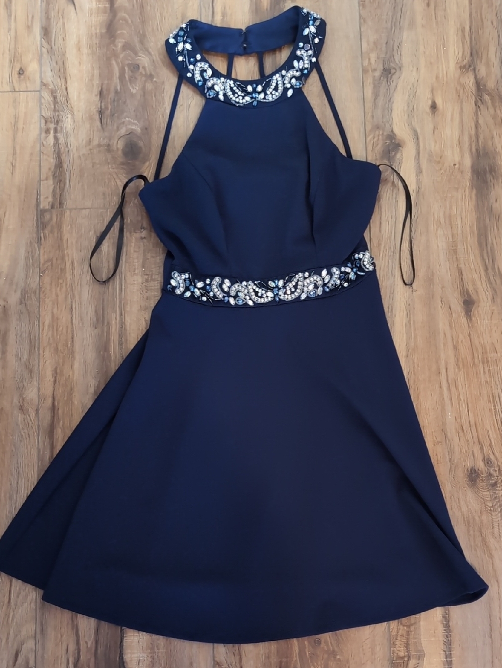 B. Darlin Navy Halter Party Dress with Beaded Accents